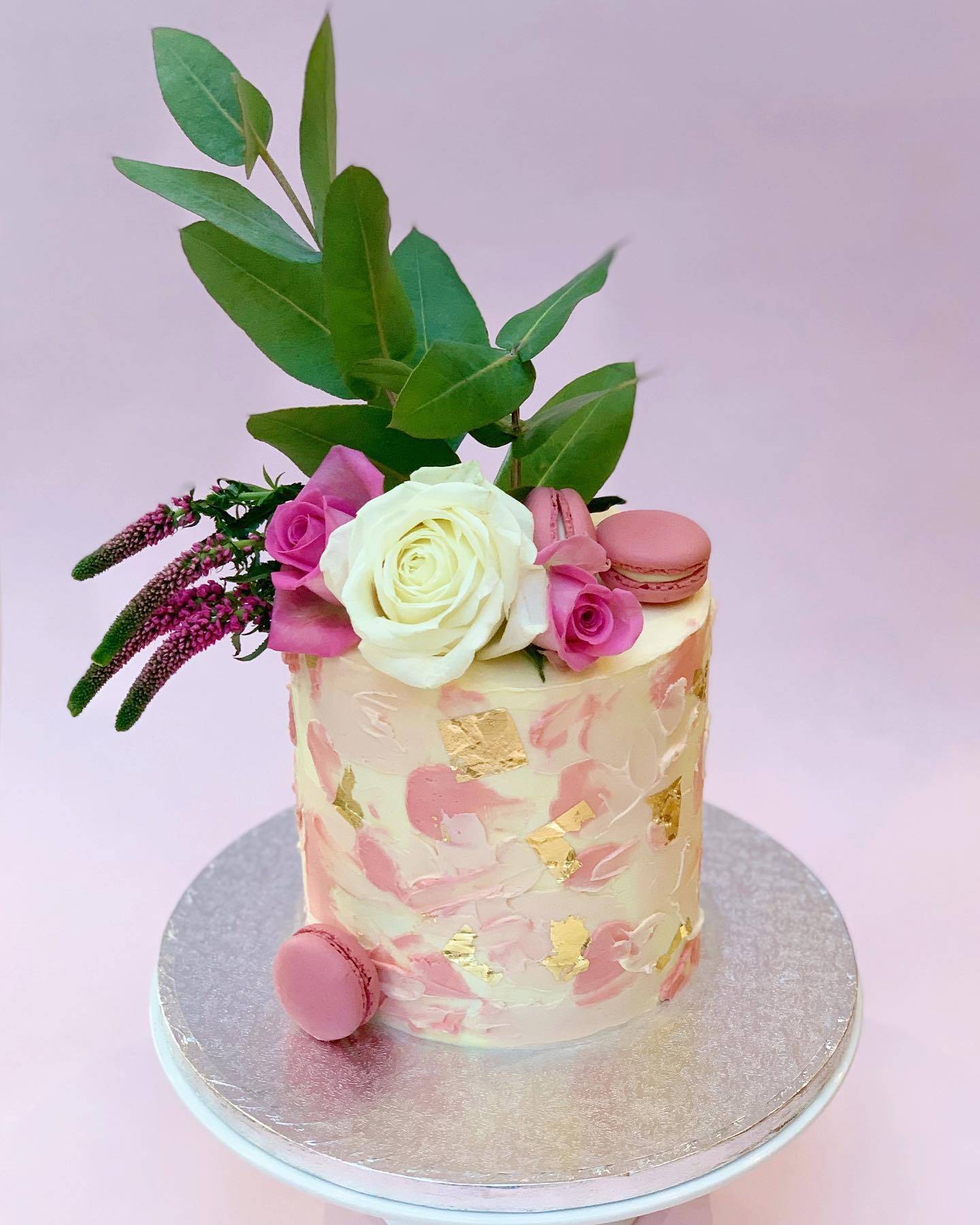 Textured Buttercream with Gold Leaf and Macarons